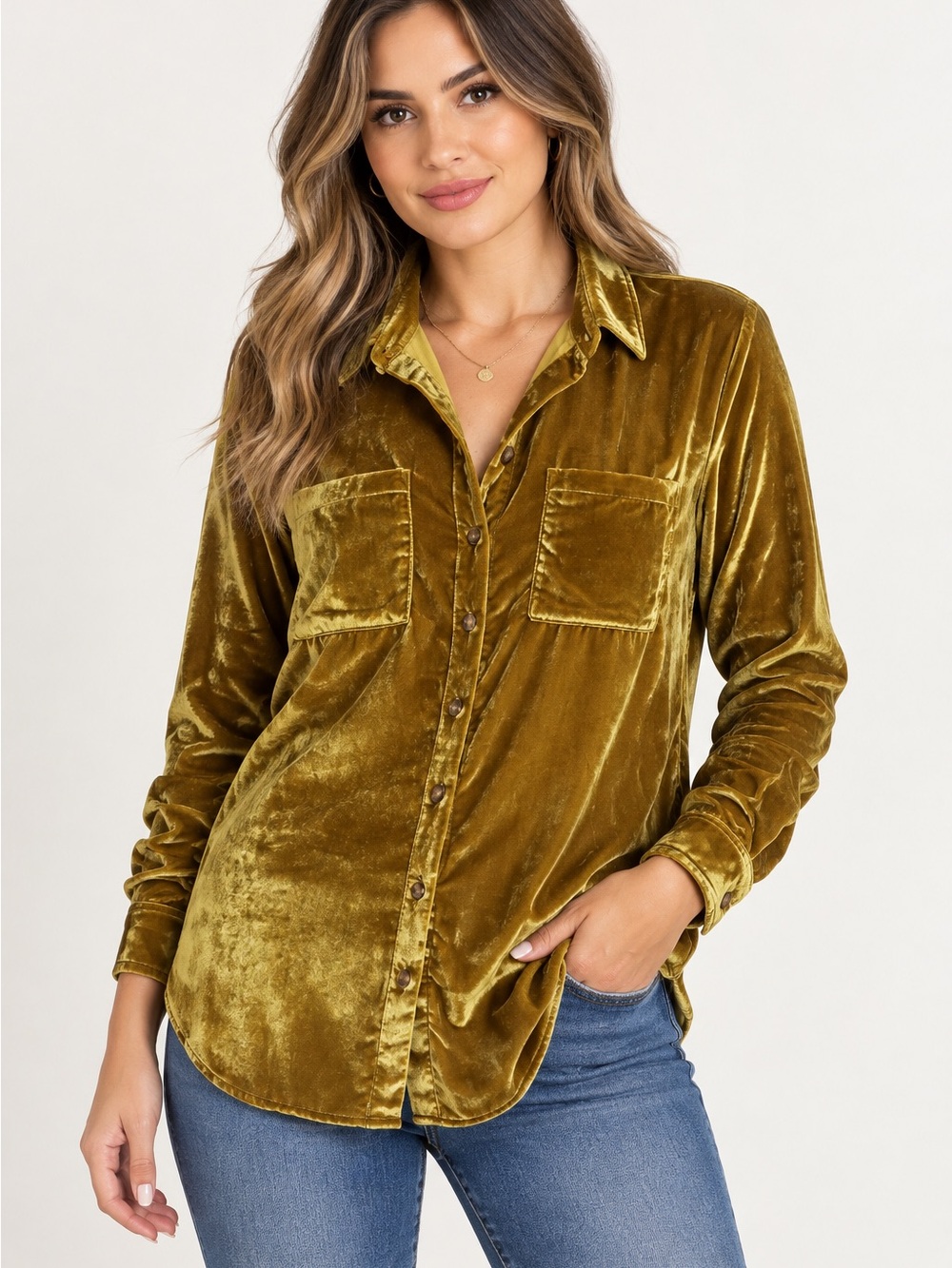 Anthropologie Olive Velvet Button-Front Shirt